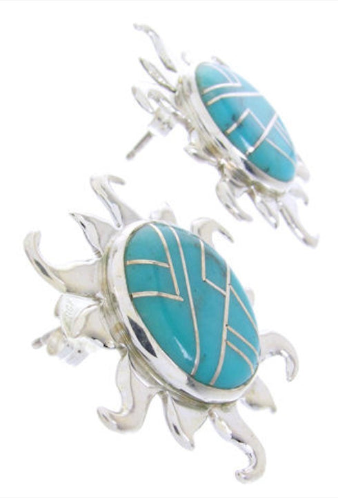 Southwest Turquoise Sterling Silver Sun Inlay Post Earrings AW68292